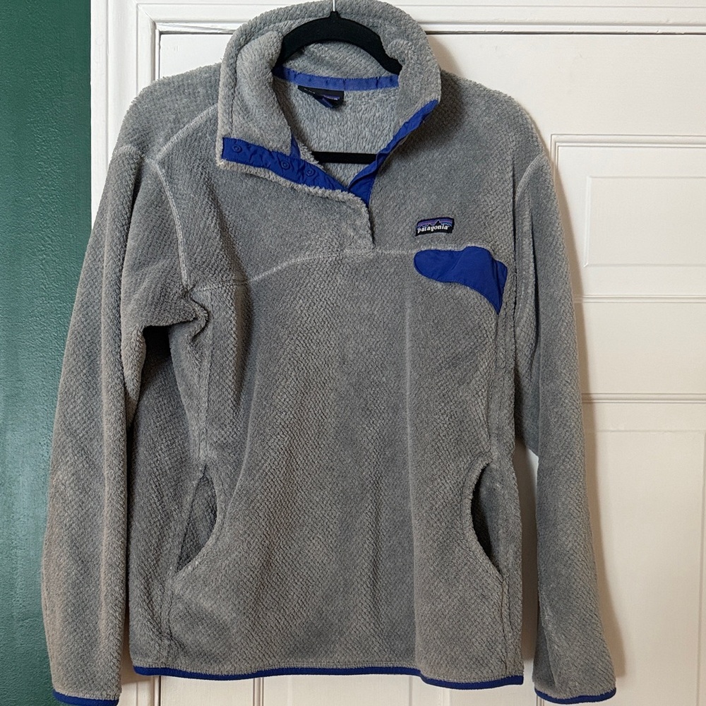Patagonia Gray Fleece Pullover with Blue Trim
